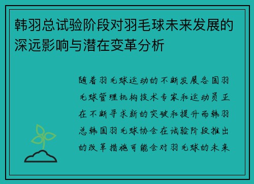 韩羽总试验阶段对羽毛球未来发展的深远影响与潜在变革分析